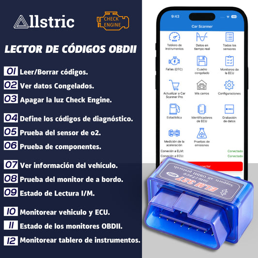 <strong>Allstric ELM327 OBD2.</strong><br> Escáner de diagnóstico para coche