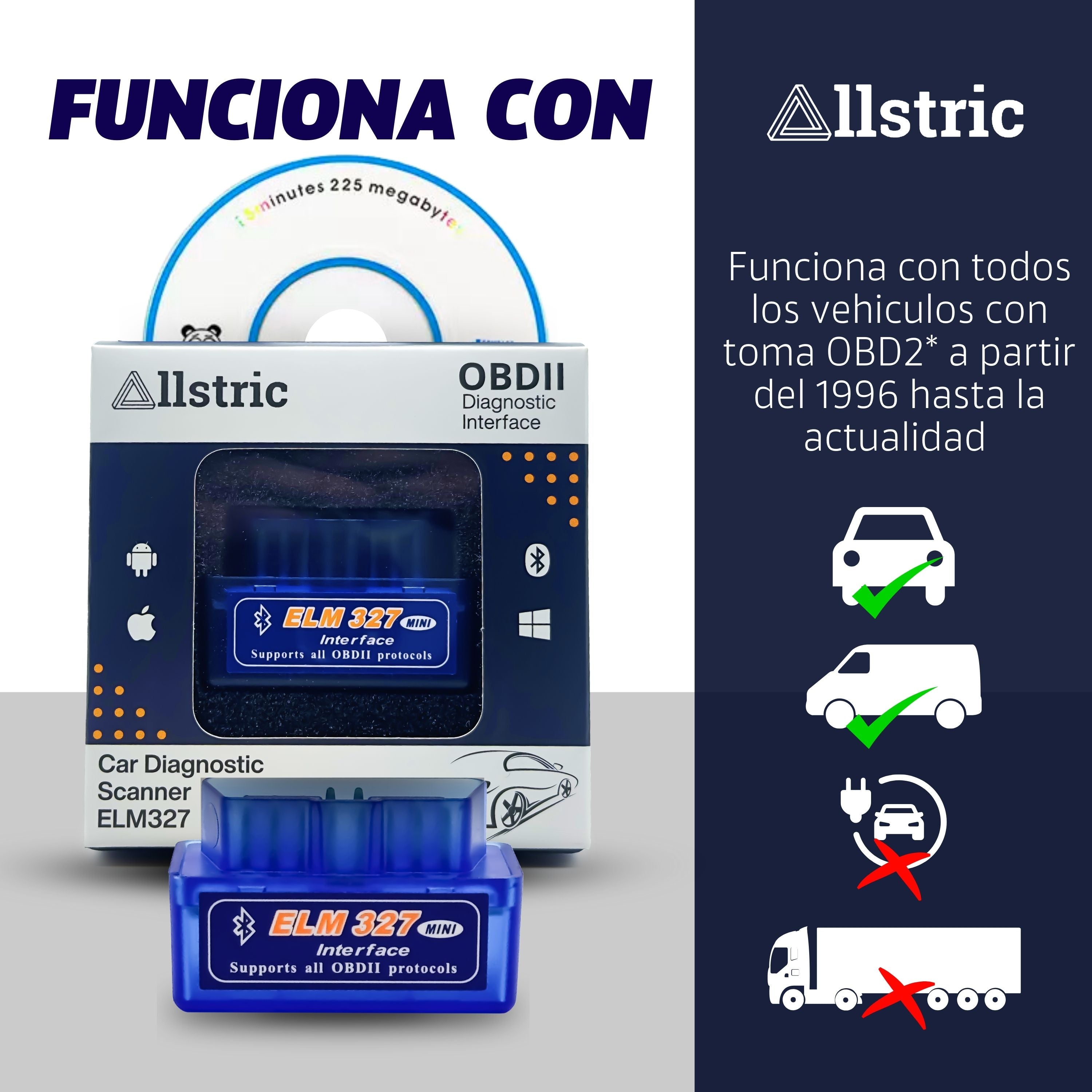 Allstric️ ELM327 OBD2 Herramienta de Diagnosis CON CD