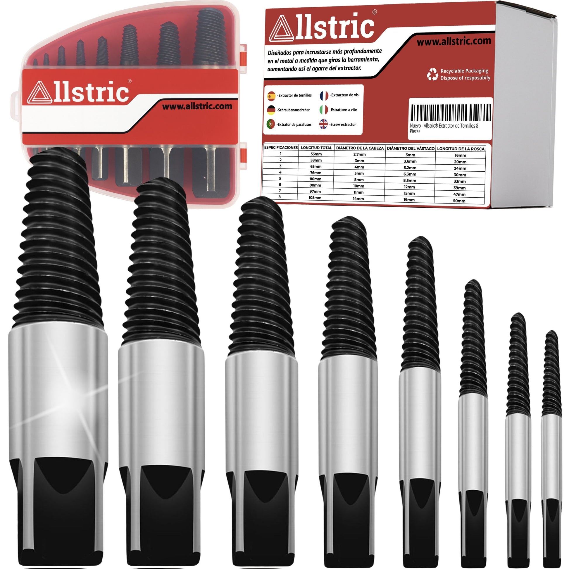 Allstric Juego 8 Extractor de Tornillos Rotos y Dañados