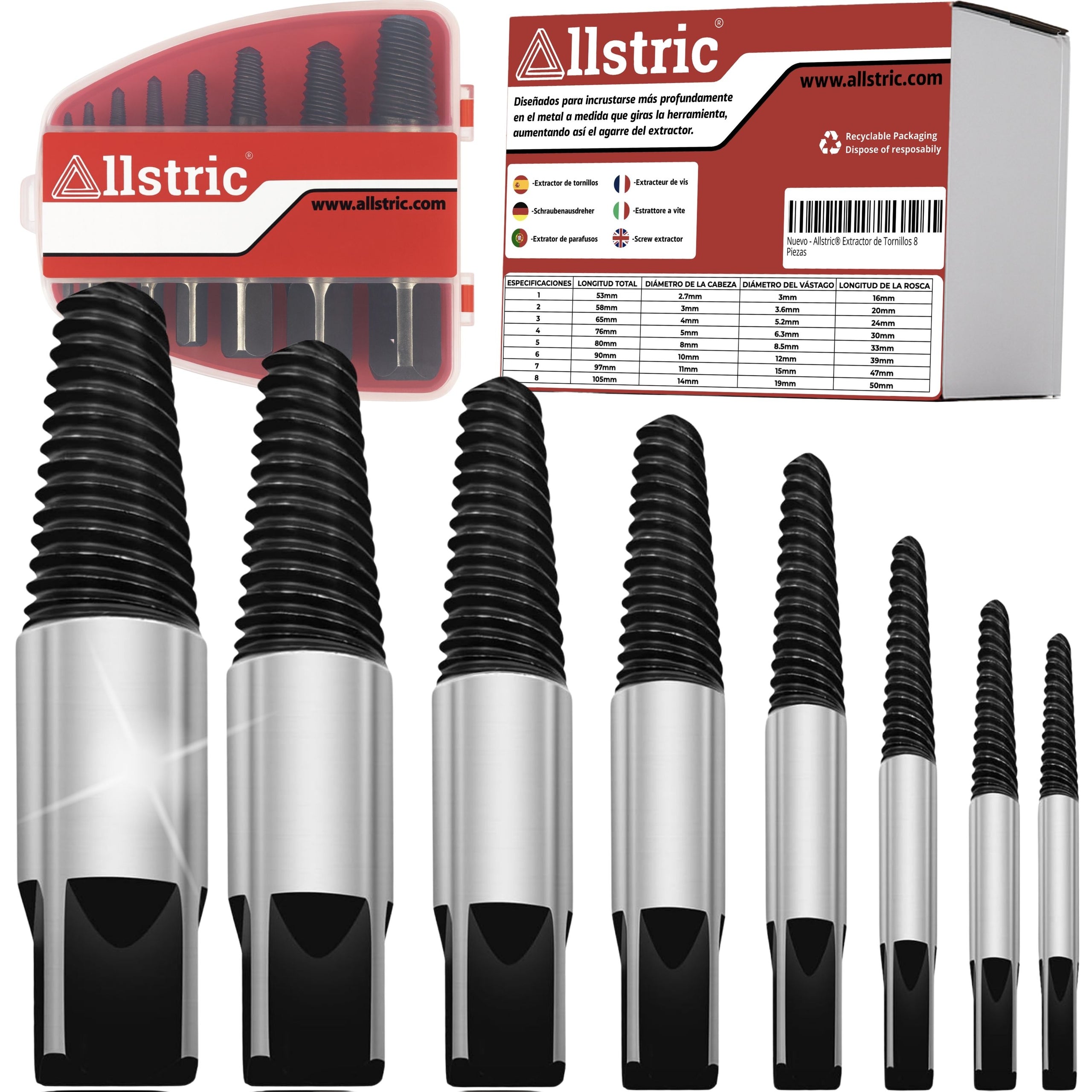 Allstric Juego 8 Extractor de Tornillos Rotos y Dañados