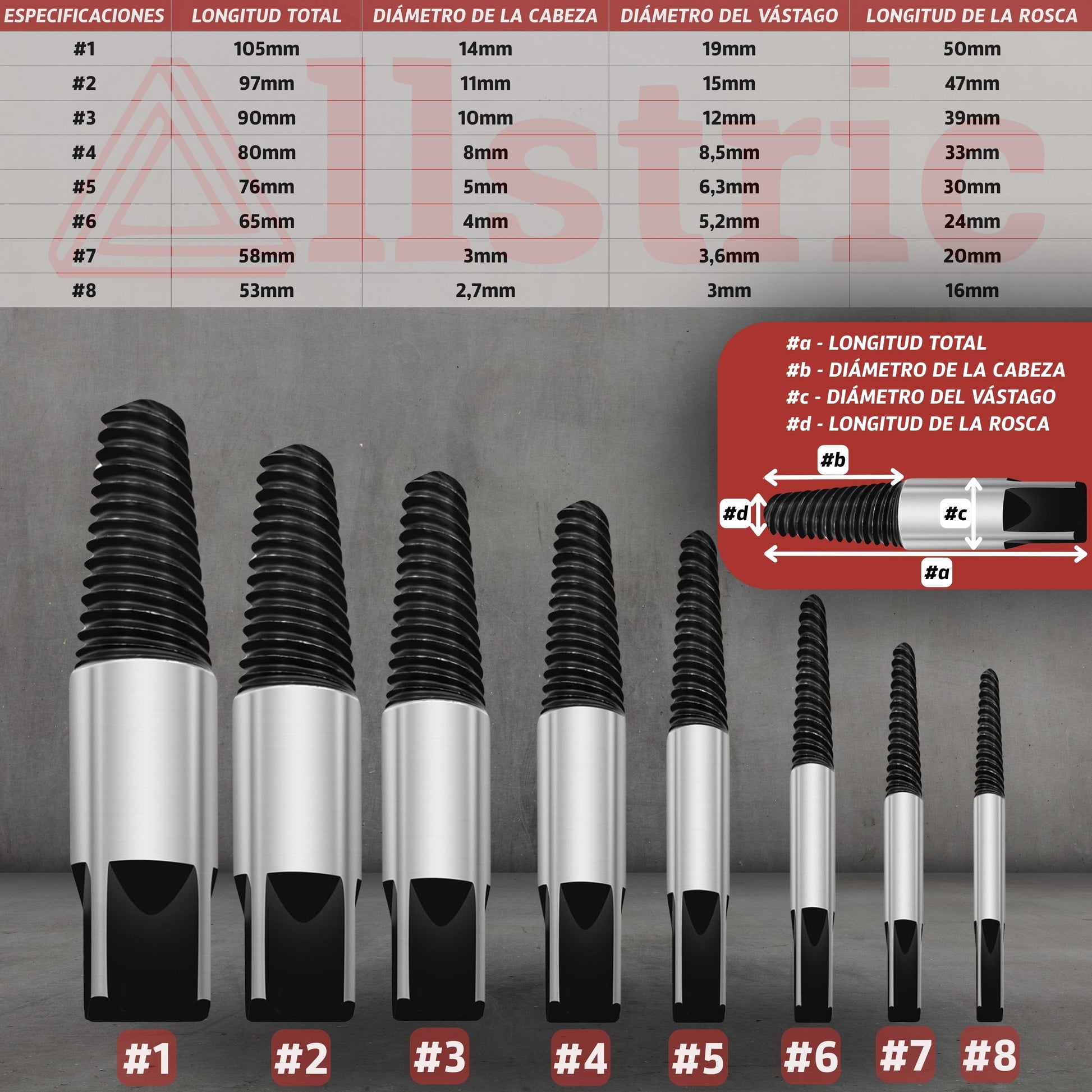 Allstric Juego 8 Extractor de Tornillos Rotos y Dañados