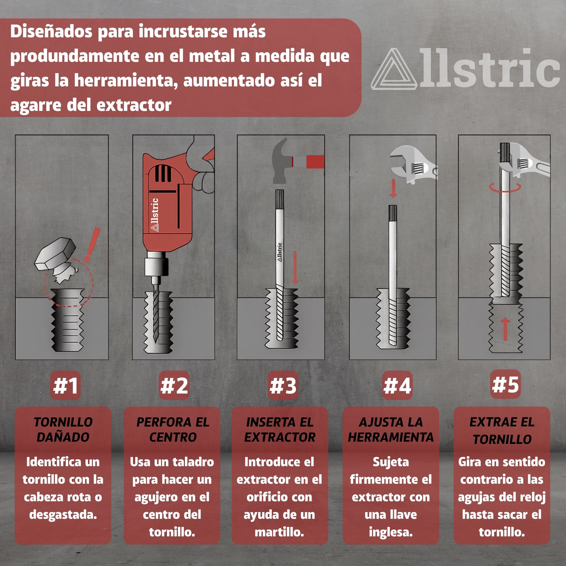 Allstric Juego 8 Extractor de Tornillos Rotos y Dañados