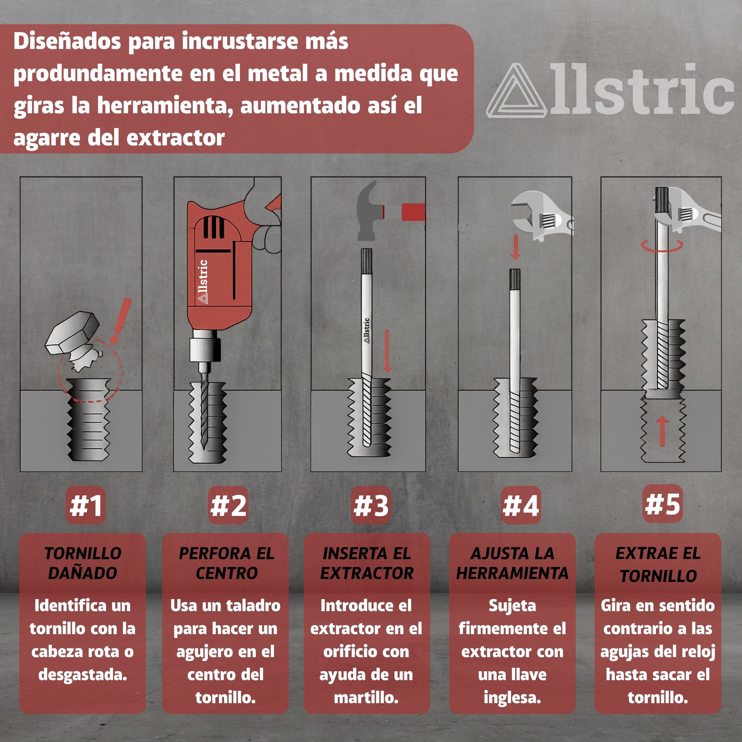Allstric Juego 8 Extractor de Tornillos Rotos y Dañados